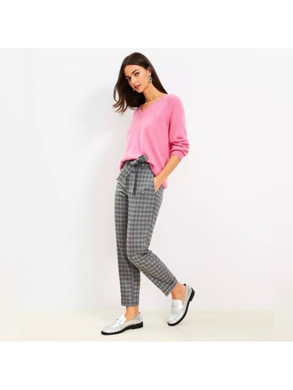 LOFT The Devin Slim Gray Plaid Belted Tailored Pants Size 14